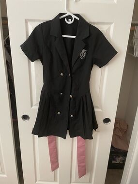 Black Double-Breasted Pleated Jacket Dress with Pink Sash